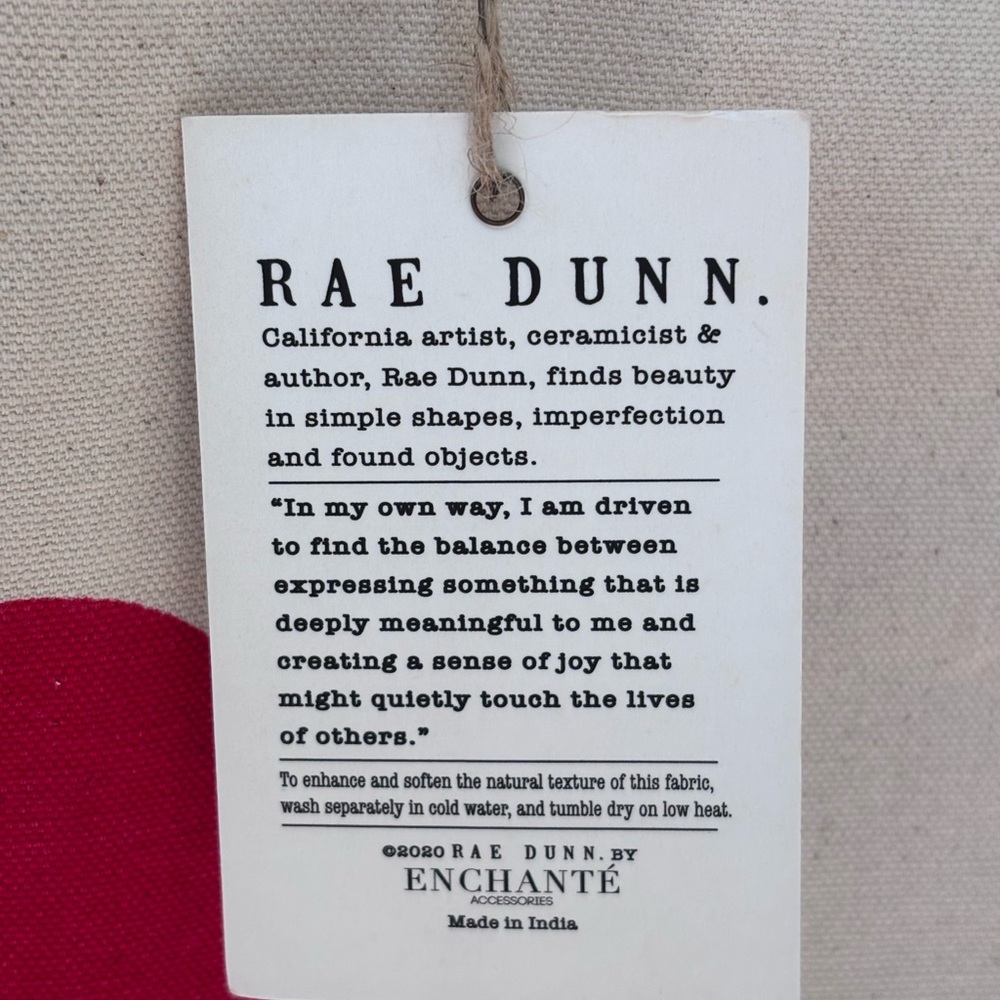 Rae Dunn Cream Canvas Tote with Red Apple Graphic and Red Striped Handles - Picture 4 of 5